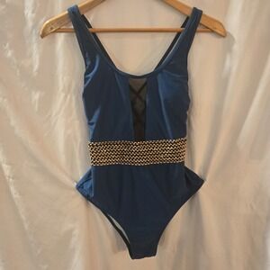 Cupshe Med 1 Piece‎ Bathing Suit Teal/Gold/Black Sheer Plunge Racerback